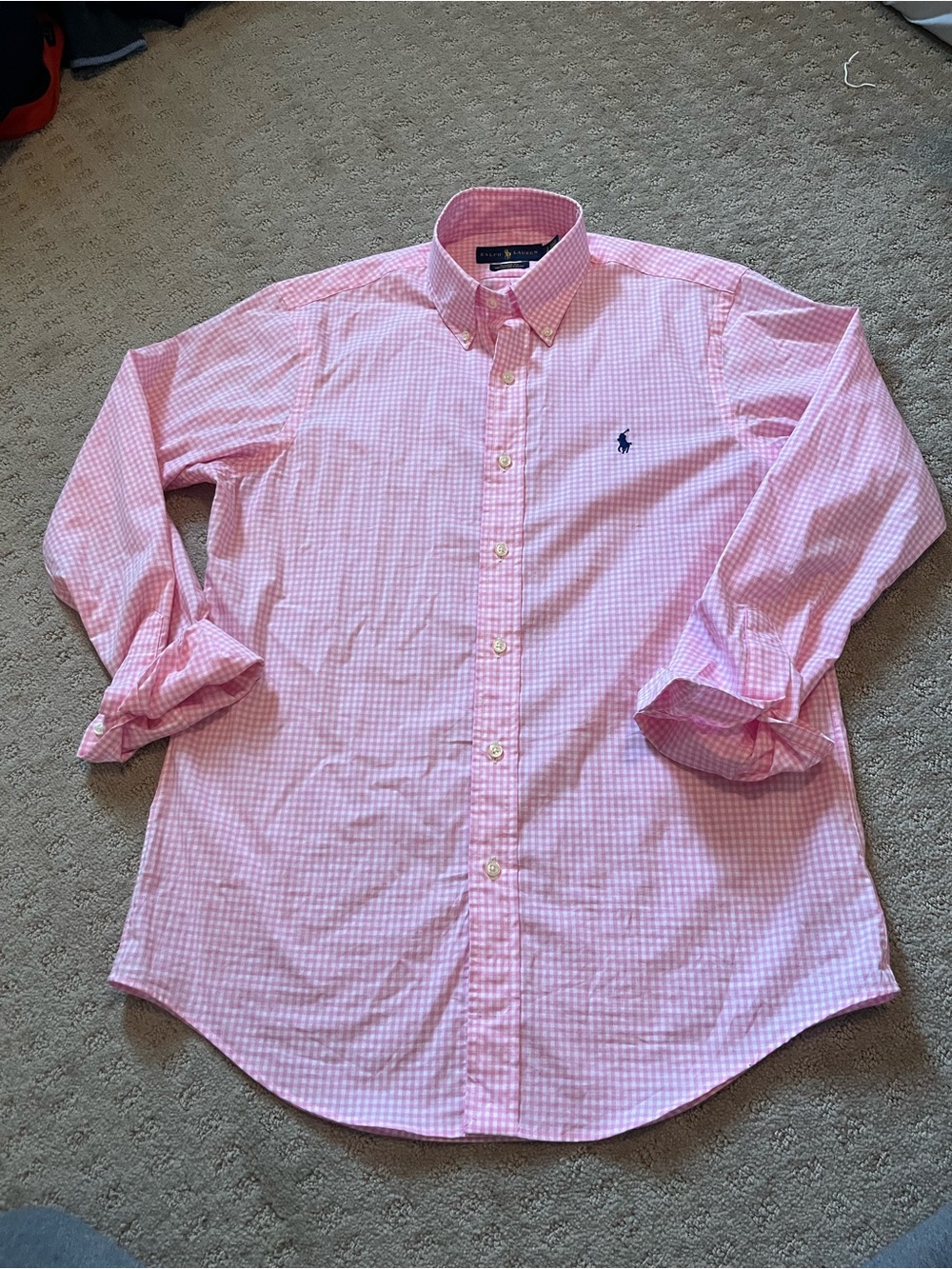 Ralph Lauren Pink Gingham Button-Down Shirt with Navy Pony